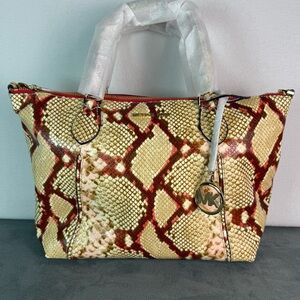 NWT Michael Kors Lenox Red Cream Python Embossed Leather Satchel with a Dust Bag